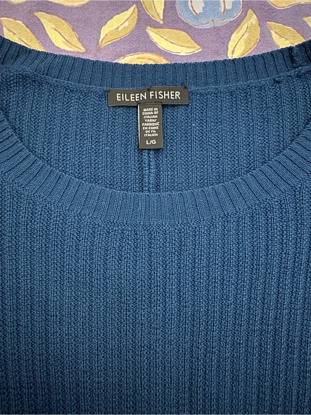 EILEEN FISHER Blue Ribbed Merino Wool Crewneck Sweater L